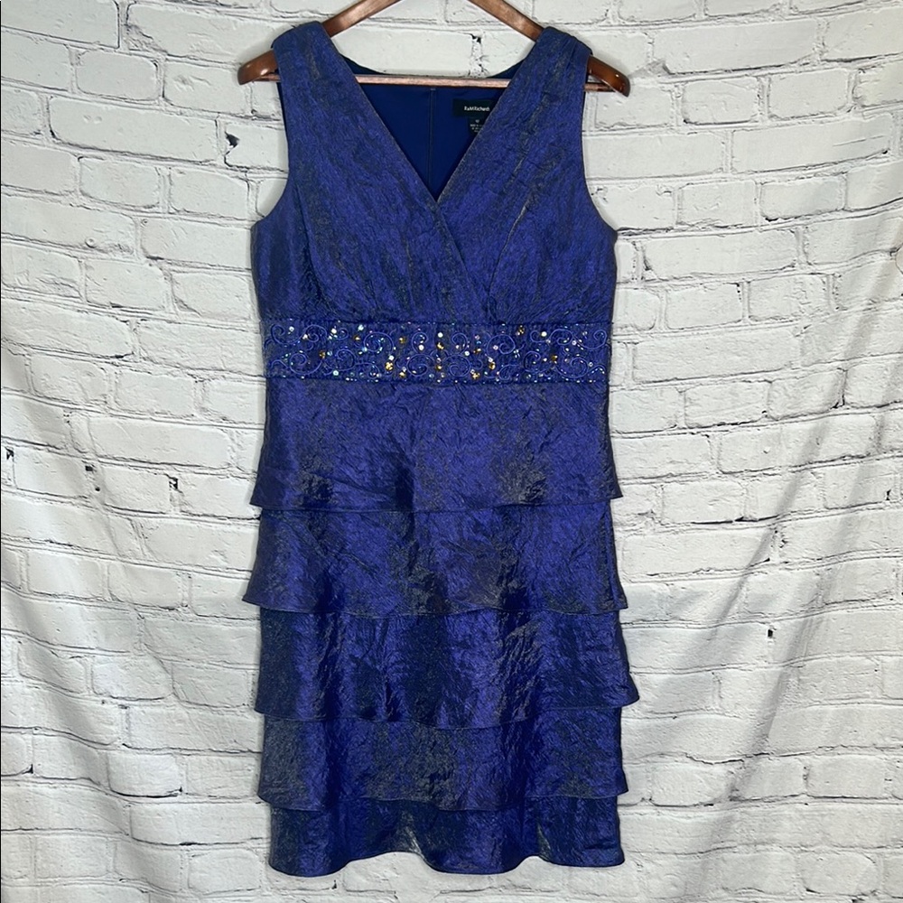 R&M Richards Blue Sleeveless Tiered Jeweled Dress Size 12 Excellent Condition